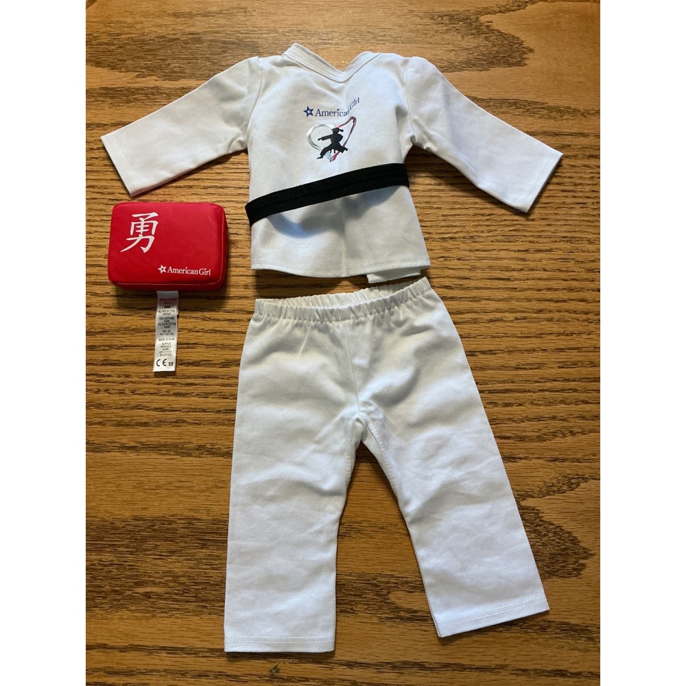 American Girl Karate Outfit 18 Inch Doll White Gi Black Belt Red Kick Pad Set